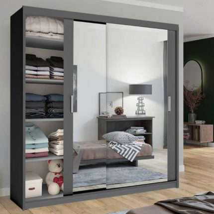 Sliding Wardrobe - CHICAGO II 2 Door Mirrored Wardrobe Grey 90cm